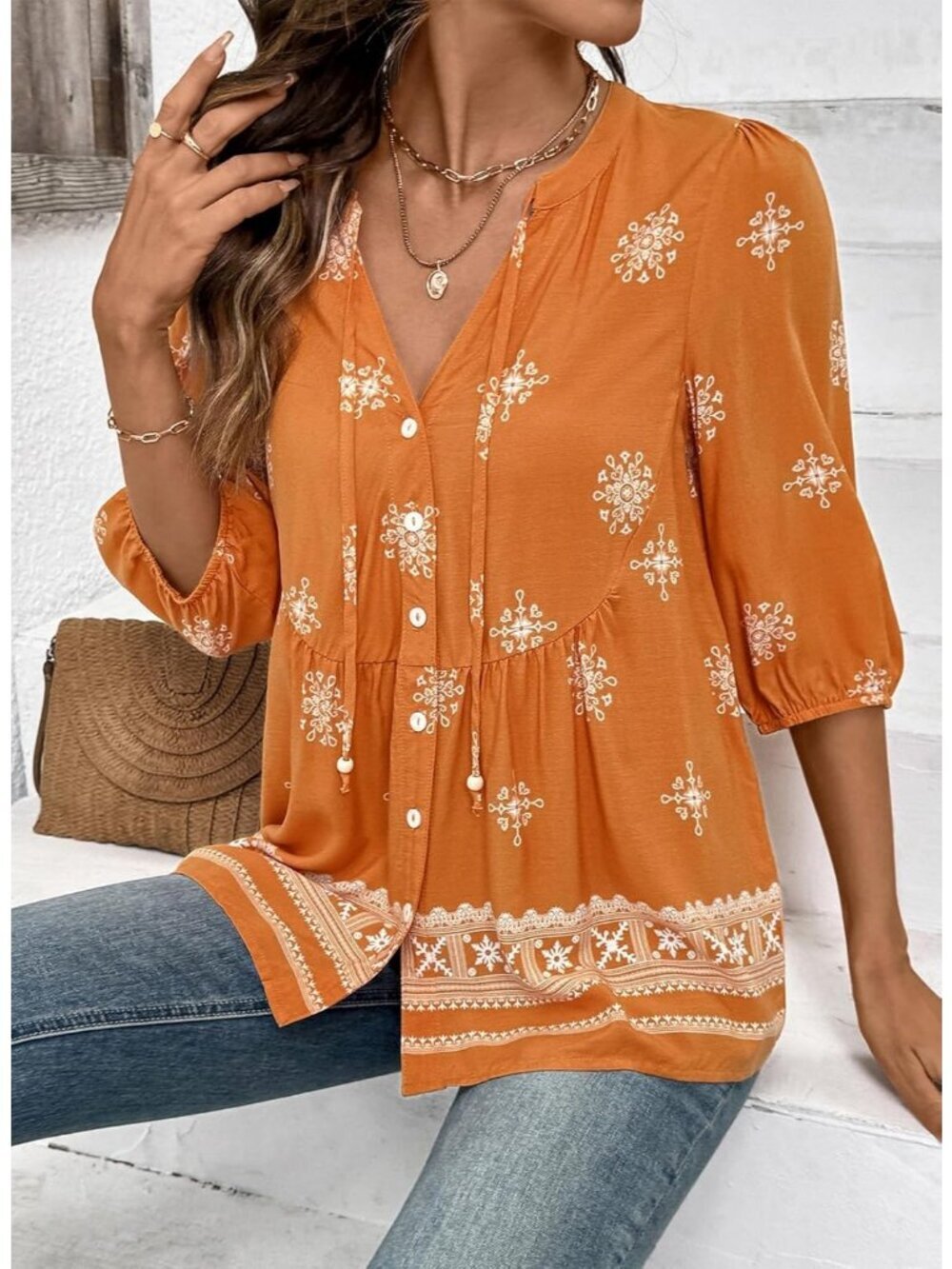 Women's Summer Tops Floral Short Sleeve Yellow Button Down V Neck Peplum Blouses - Picture 4 of 6